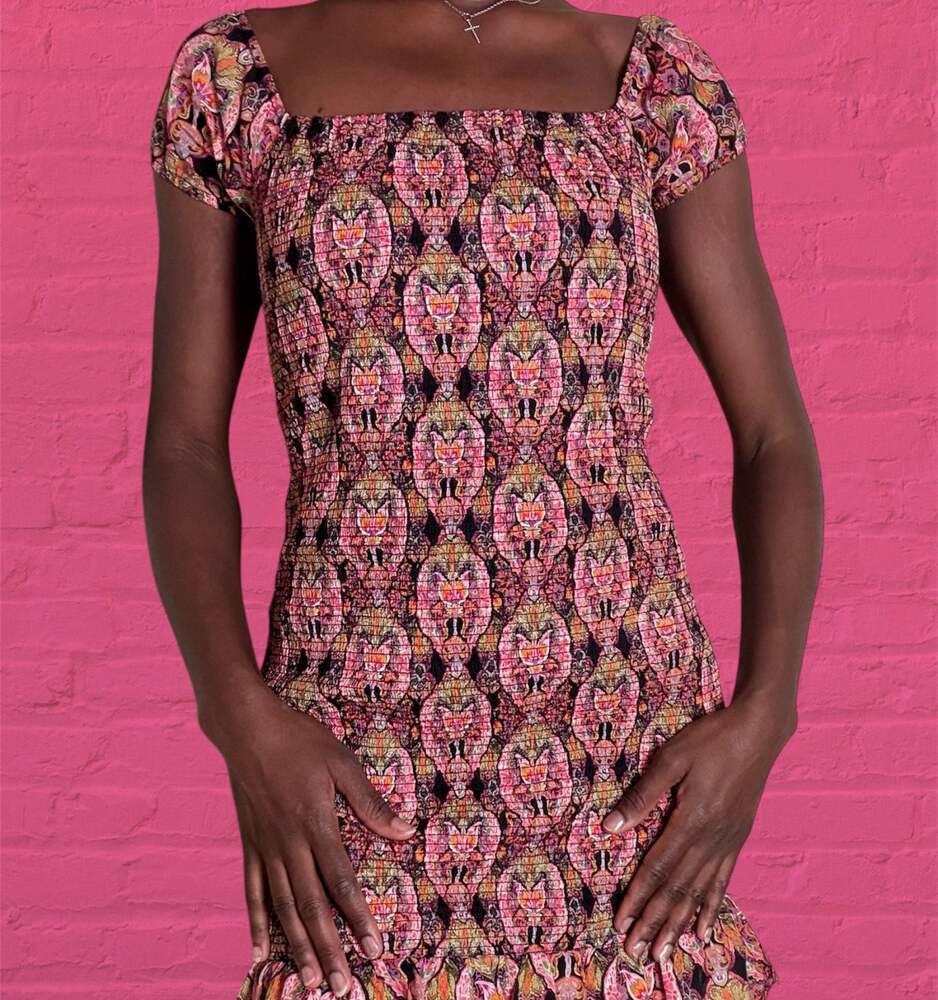 90s Boho Pink Smocked Mini Dress